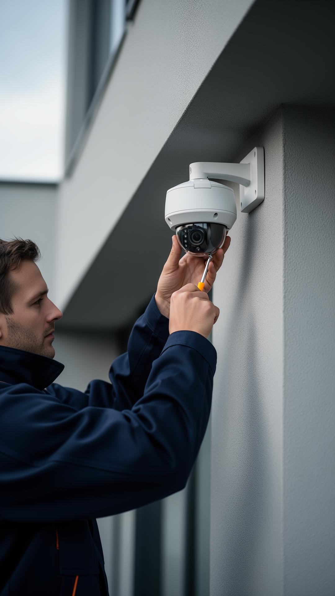 Instalator montând o cameră CCTV pe fațada unei clădiri moderne